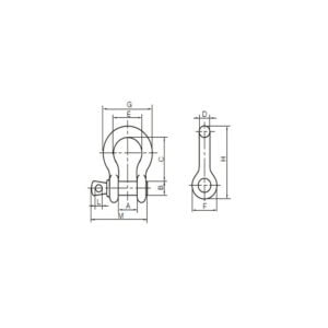Technical drawing of screw pin bow shackle with dimension labels and front and side views