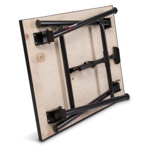Underside of TuffBench Heavy Duty showing folded black steel frame and brackets under plywood top