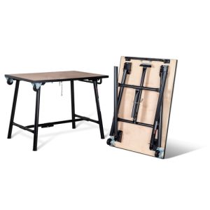 Heavy duty folding workbench shown open and folded upright on castor wheels