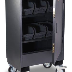 Small mobile fittings cupboard with open door, internal plastic bins and four castor wheels