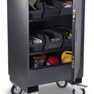 Small mobile fittings cupboard on castors with open door and storage bins of tools and fittings inside