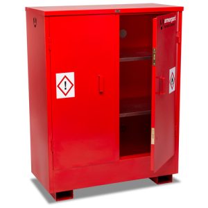Red hazardous storage cabinet with one door open showing shelves and warning labels on both doors
