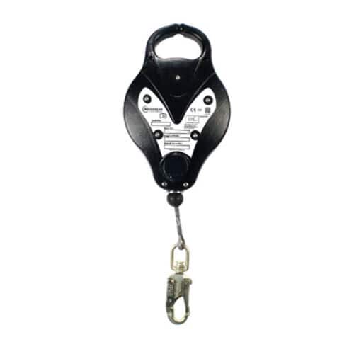 RGA2 fall arrest block with 10m retractable lifeline and snap hook connector on white background