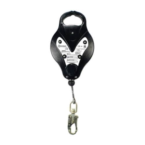 RGA3 fall arrest block with black housing and metal snap hook lanyard on white background