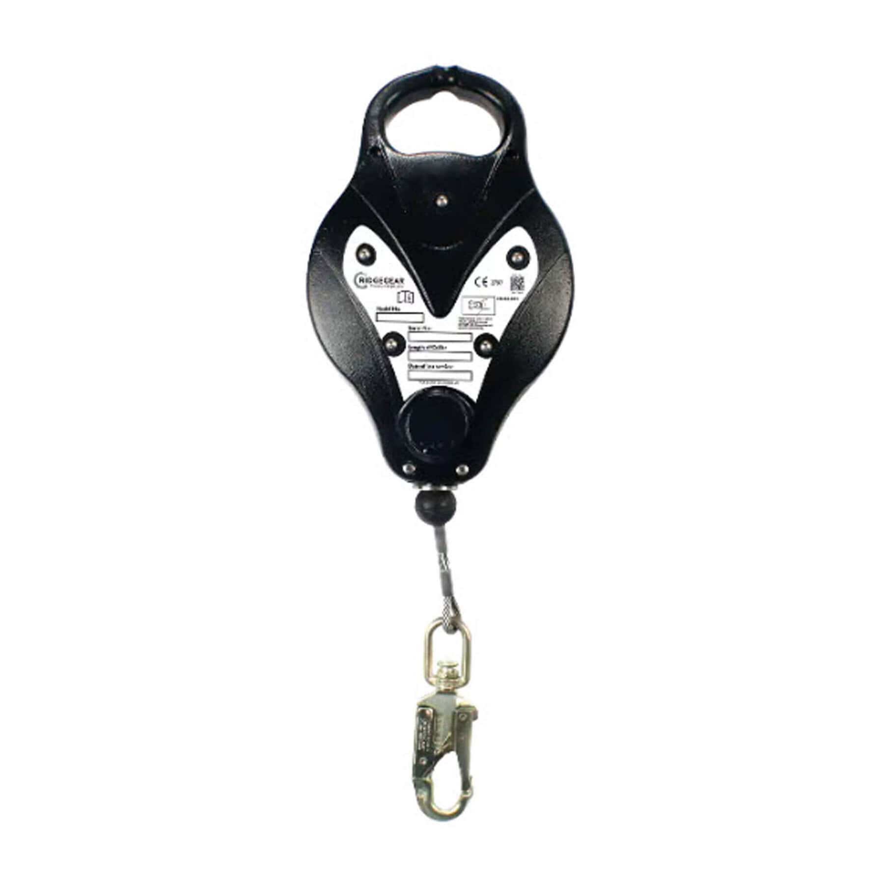 RGA3 fall arrest block with black housing and metal snap hook lanyard on white background