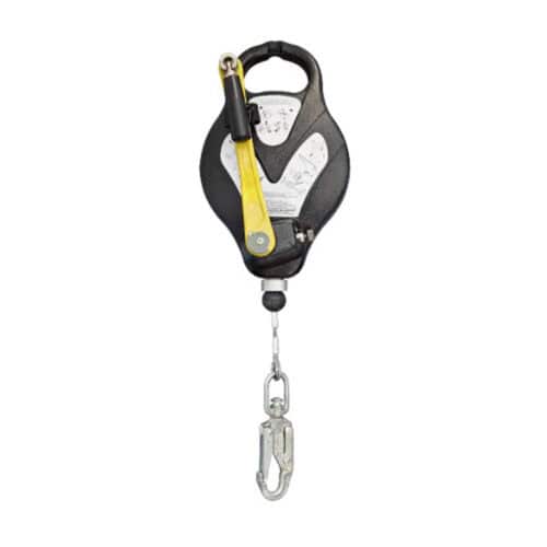 RGA4 fall arrest block with recovery winch and yellow handle, wire rope and steel snap hook connector
