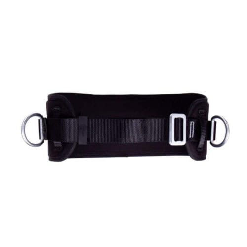 Black work positioning belt with twin D rings and silver buckle on white background