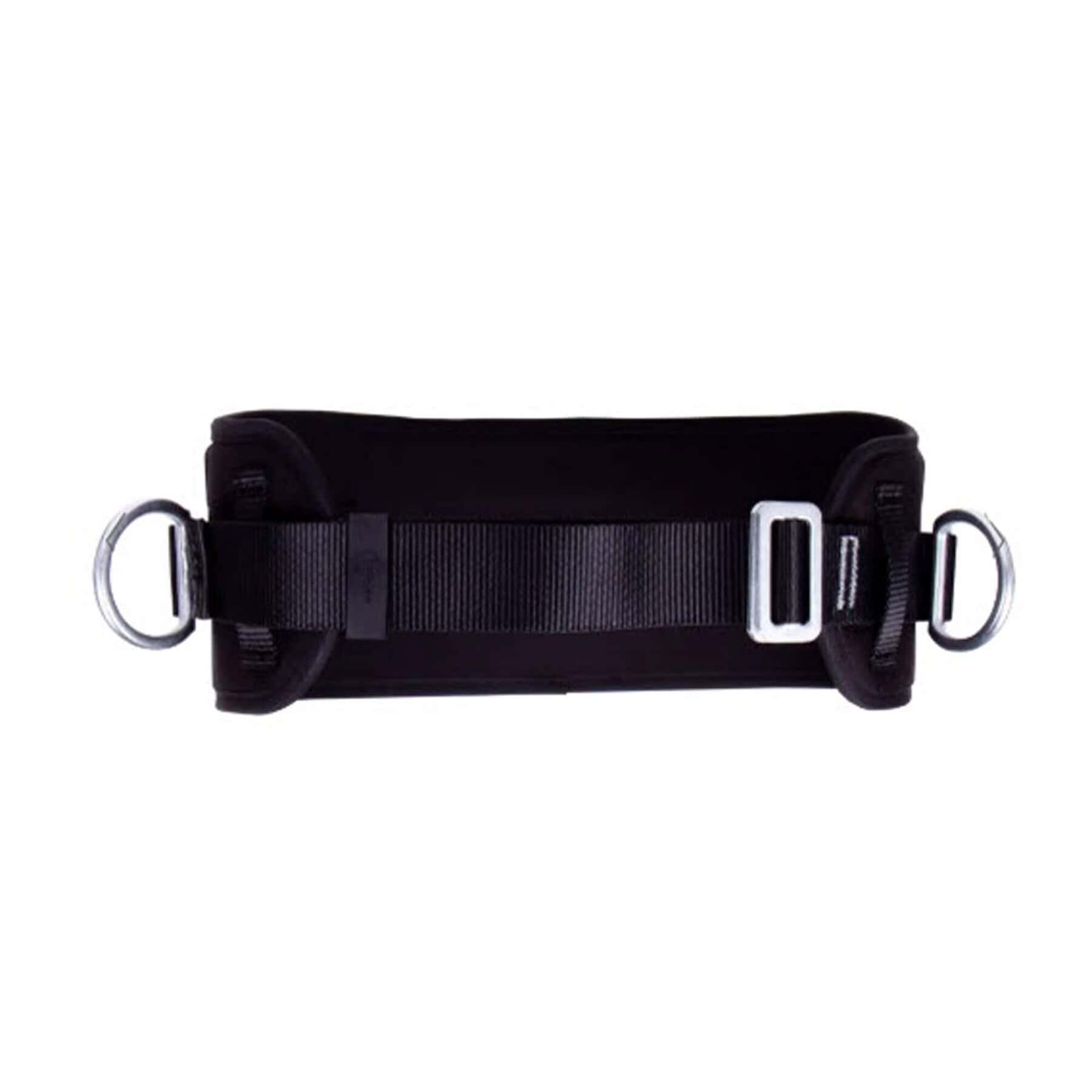 Black work positioning belt with twin D rings and silver buckle on white background