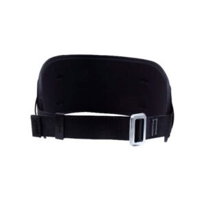 Black padded restraint belt with adjustable webbing strap and silver D buckle