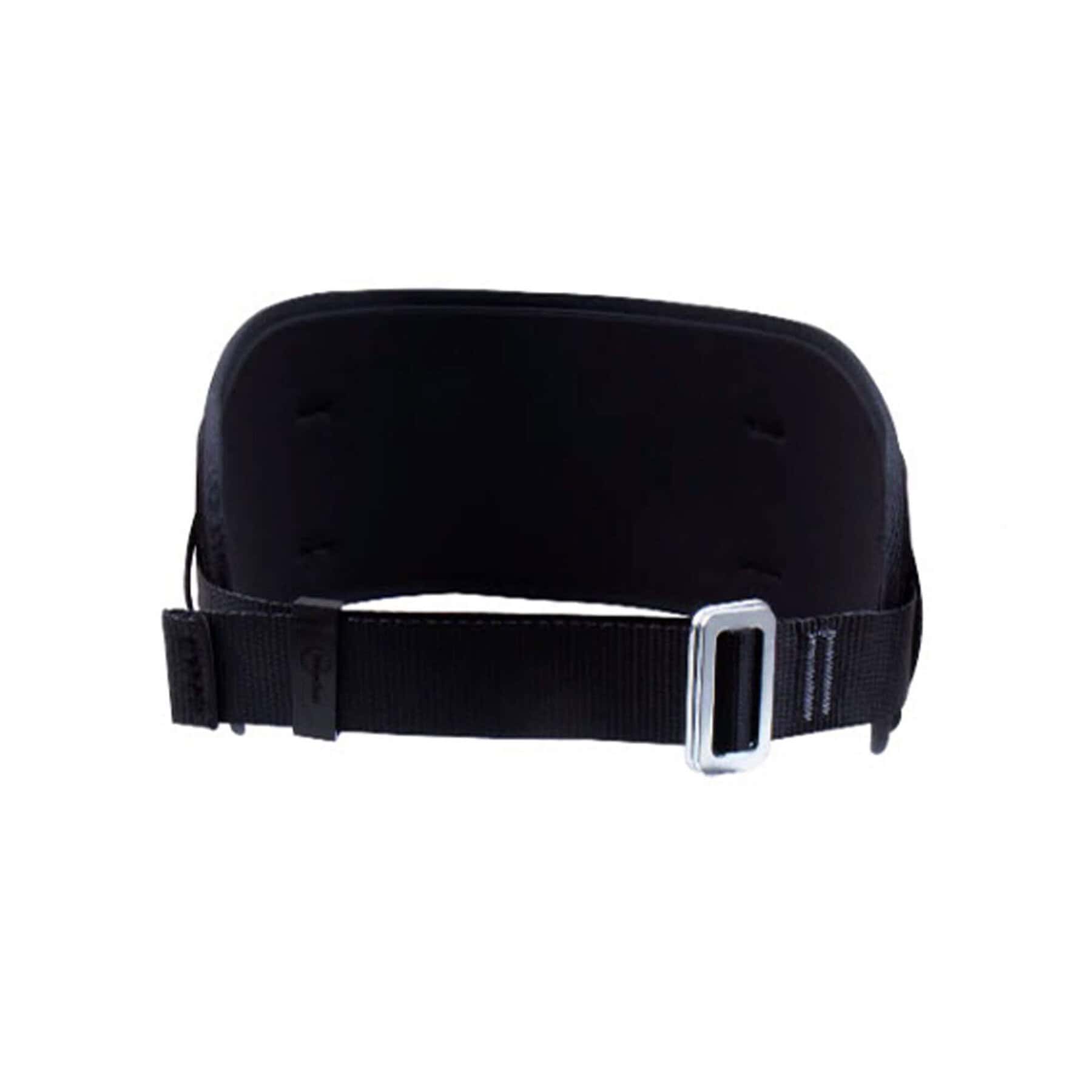 Black padded restraint belt with adjustable webbing strap and silver D buckle