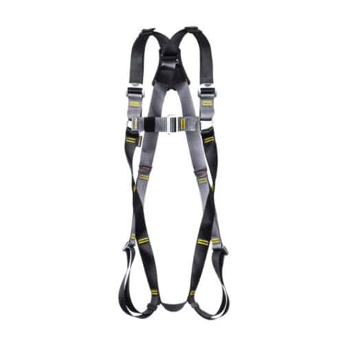 RGH1 rear Dee safety harness with black and grey webbing straps and metal buckles on white background
