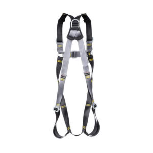 RGH1 rear D-ring safety harness with black and grey webbing straps and metal buckles on white background