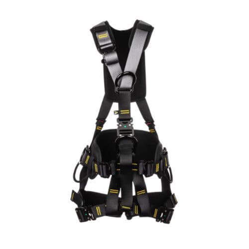 Black and grey multitask comfort safety harness with padded straps, waist belt, leg loops and metal buckles