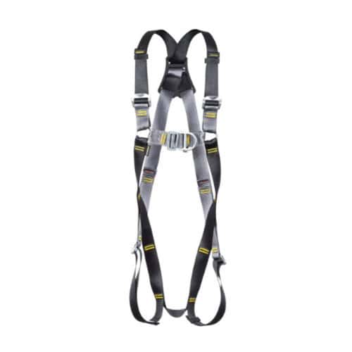 RGH2 front and rear Dee safety harness with grey and black straps and metal buckles on white background