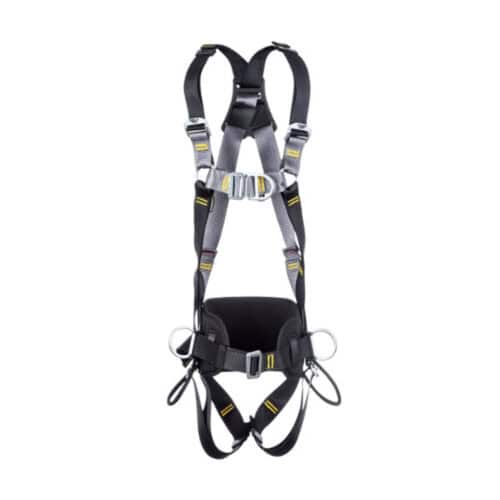 RGH4 work positioning harness with front, rear and side D rings, grey and black straps with padded waist belt