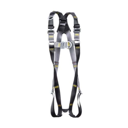 RGH5 rescue harness with black and grey webbing straps and metal buckles on a white background