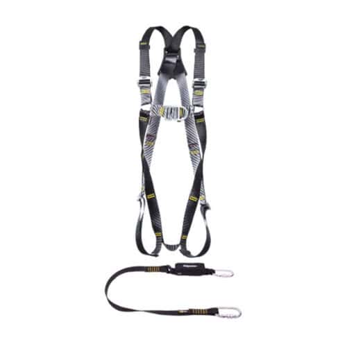 RGHK1 basic kit fall arrest harness with lanyard and two snap hooks on white background