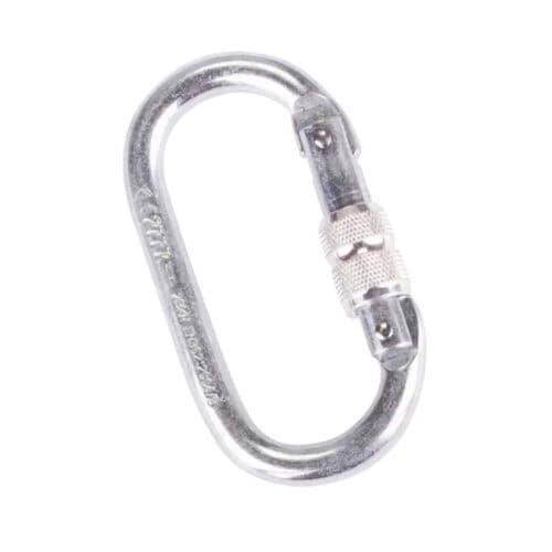 Steel screwgate karabiner with knurled locking sleeve on a white background