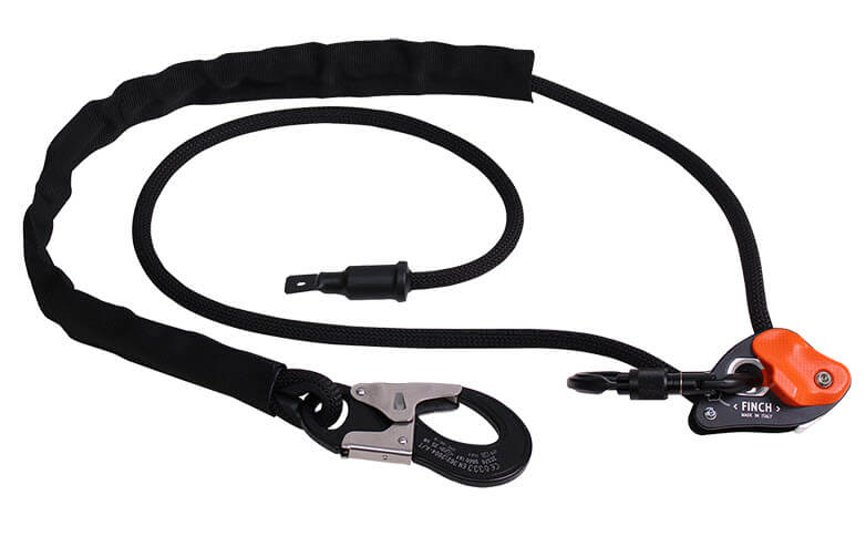Adjustable work positioning lanyard with black rope, carabiner hook and orange rope grab device