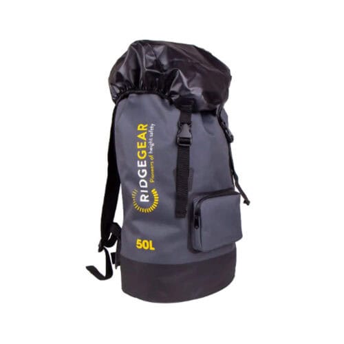 Grey and black 50L RidgeGear all weather backpack with roll top closure and front pocket