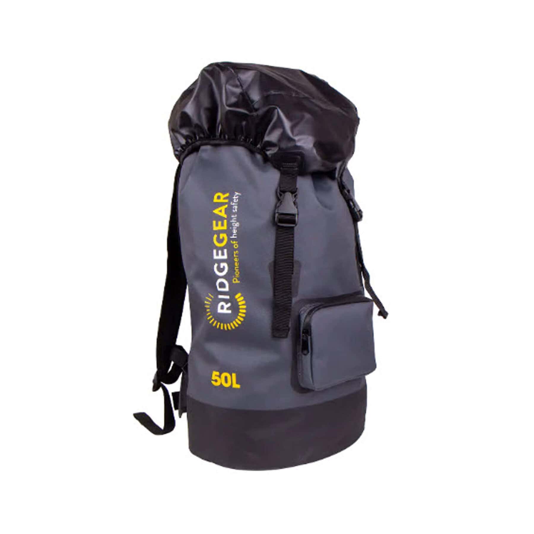 Grey and black 50L RidgeGear all weather backpack with roll top closure and front pocket