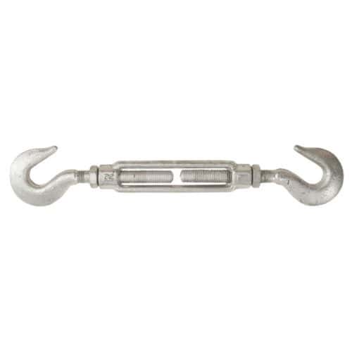 Forged hook and hook turnbuckle with lock nut in galvanised steel on white background