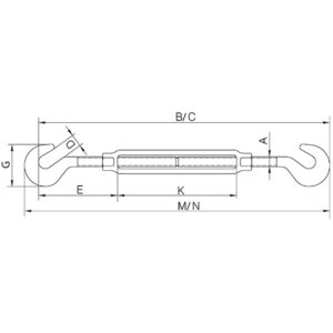 Technical drawing of forged hook to hook turnbuckle with lock nut and labelled dimensions
