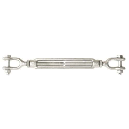 Forged jaw jaw turnbuckle with lock nuts and clevis ends on white background