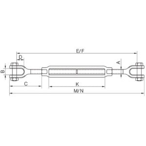 Technical line drawing of forged jaw turnbuckle with lock nuts and labelled dimensions