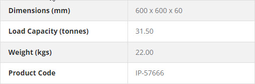 Table showing dimensions 600 x 600 x 60 mm load capacity 31.50 tonnes weight 22.00 kg product code IP-57666