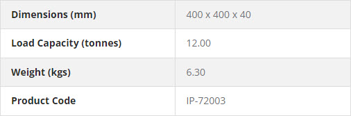 Product specification table showing 400 x 400 x 40 mm dimensions 12 tonne load capacity 6.30 kg weight and code IP-72003