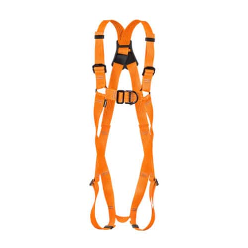 Orange high visibility full body safety harness with black buckles and D ring on white background