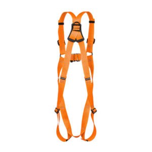 Orange full body safety harness with front and rear D rings and adjustable straps on white background
