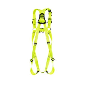 Neon yellow high visibility rescue safety harness with adjustable straps and buckles on white background