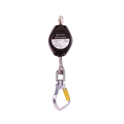 Defender 3.3m fall arrest block with black housing and large carabiner and swivel connector on white background