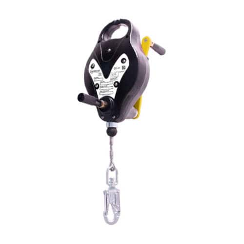 RGA4H fall arrest block with recovery winch, steadying handle and 15m lifeline hook on white background