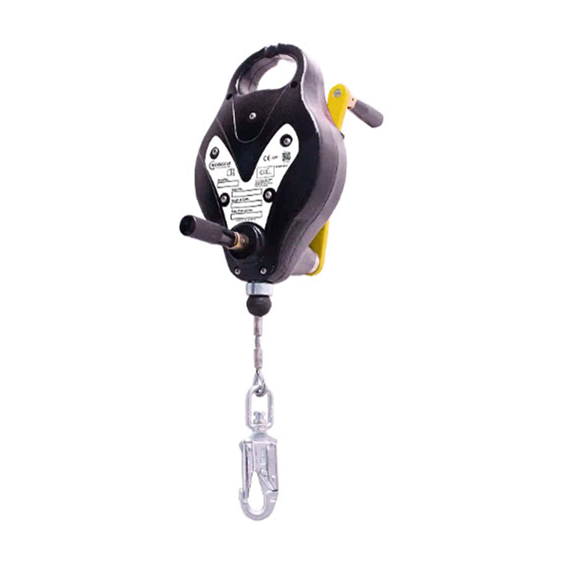 RGA4H fall arrest block with recovery winch, steadying handle and 15m lifeline hook on white background
