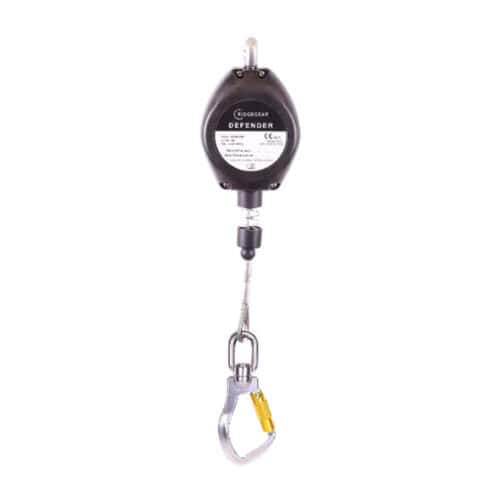Ridgegear Defender fall arrest block with carabiner hook and 6 m retractable lifeline on white background