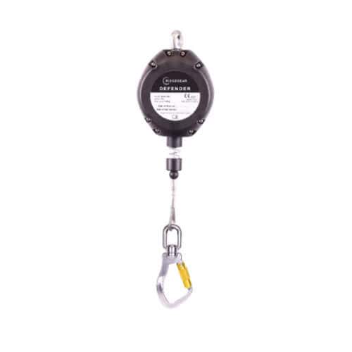 Defender fall arrest block 9m with black housing, hanging cable and steel carabiner clip