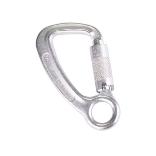 RGK18 18mm steel triple action karabiner with captive eye and knurled locking sleeve on white background