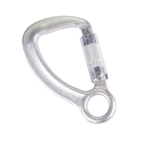 RGK19 23mm steel triple action karabiner with knurled locking gate and captive eye ring on white background
