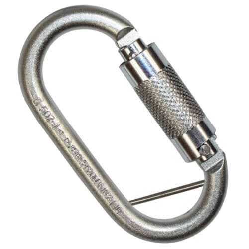 17mm steel twistlock karabiner with knurled sleeve and captive pin on white background