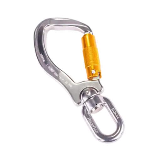 RGK44 aluminium triple action karabiner with gold twist lock, swivel hook and captive eye on white background