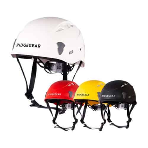 RidgeGear safety helmets in white red yellow and black with chin straps on a white background
