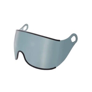 Tinted RidgeGear helmet visor with mounting tabs and black edge trim on white background