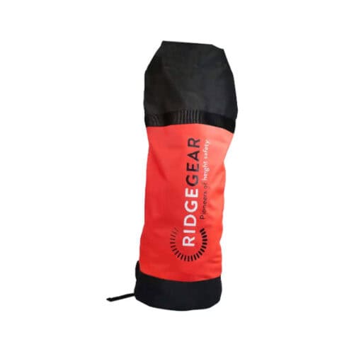 Red and black RIDGEGEAR rope and rescue bag with drawstring top and cylindrical shape
