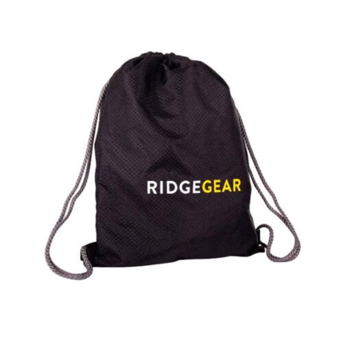 Black RidgeGear drawstring pump bag with grey cords and RIDGEGEAR logo in white and yellow