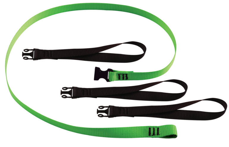Green and black tool lanyard with clip buckle and three sewn loops on white background