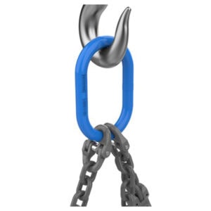 Blue steel master link connecting a hook to two grey chain legs