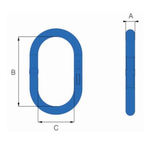 Blue oval master link diagram showing side view and labelled dimensions A B and C